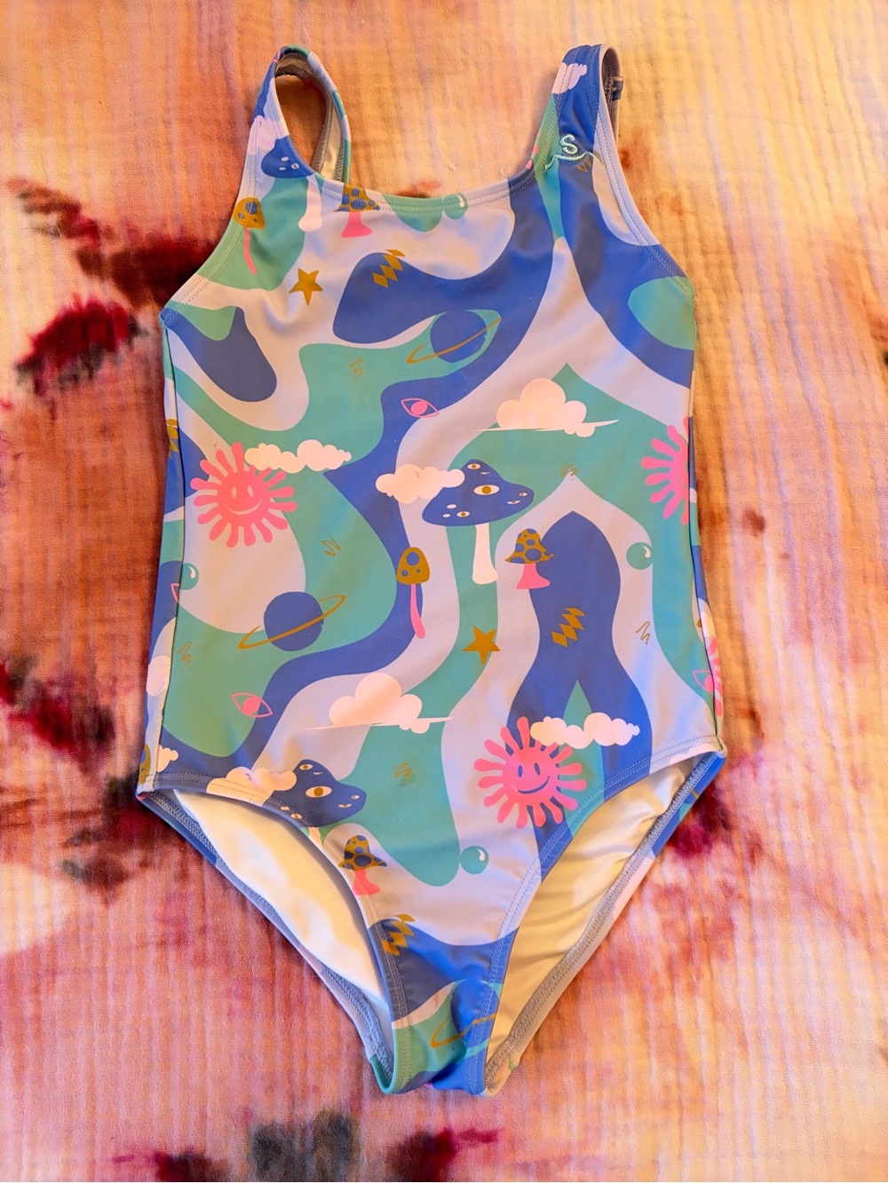 Seaesta Surf Girls Swimsuit — Blue & Green Space Print Mushrooms Eyes Size 8/9